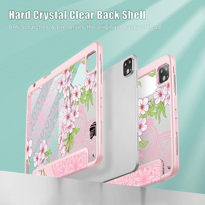 Mektron Case for iPad Pro 11 inch Case M2 2022 Generation 4th Fit 2021 2020 2018 iPad Pro 11 (3rd 2nd &amp 1st Gen) -Buit in Pencil Holder with Shockproof Cover Clear Shell Blossom Sakura-Pink