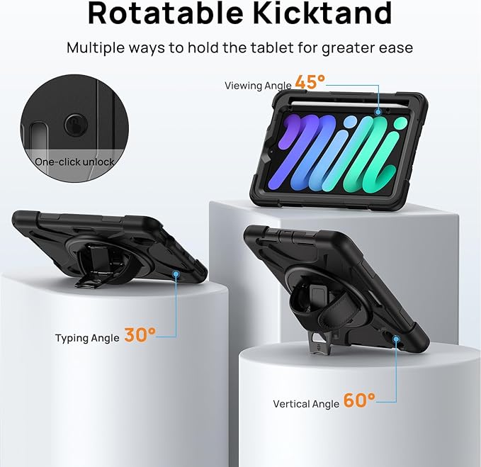 Gerutek Case for iPad mini 7 (A17 Pro) 2024/Mini 6 2021 8.3 inch Shockproof Cover for iPad mini 7/6th Generation with Screen Protector 360° Rotating Stand Hand/Shoulder Strap Pencil Holder Black