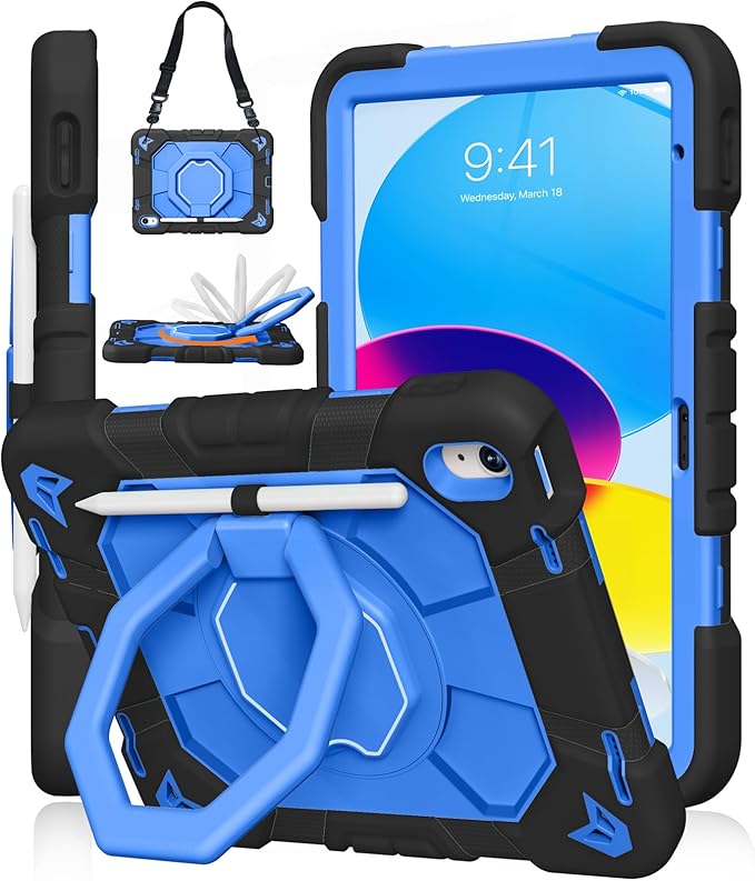 JKSML Case for iPad (A16) 11th/10th Gen | 360° Rugged Rotating Stand | Pencil Holder | Adjustable Shoulder Strap | Heavy Duty Drop Protective Cover for iPad 10.9 (2022)/ 11 (2025) - Blue Black-z