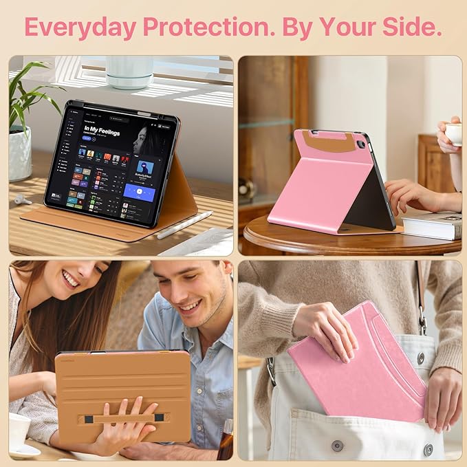 MoKo Case for iPad Air 13-inch (M4) 2026 / (M3) 2025 / (M2) 2024 with Pencil Holder &amp Hand Strap &amp Pocket Premium Leather Folio Stand Cover Multiple Viewing Angles Cinnamon Pink