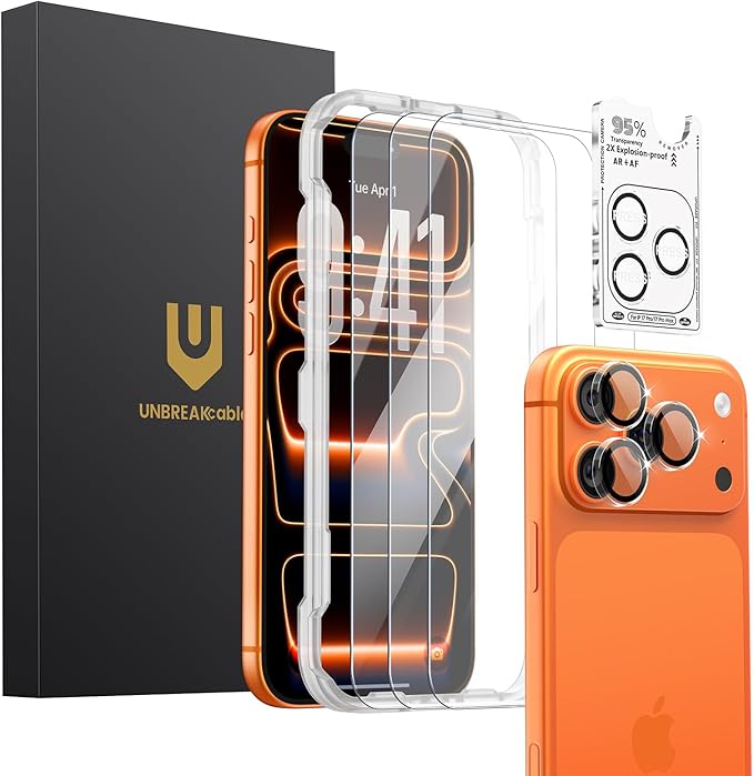 UNBREAKcable iPhone 17 Pro Screen Protector 3-Pack with Camera Protection | 9H Hardness | HD Clarity | Anti-Fingerprint | Case Friendly | 6.3 Inch | 3 Tempered Glass + 3 Camera Lens Protectors