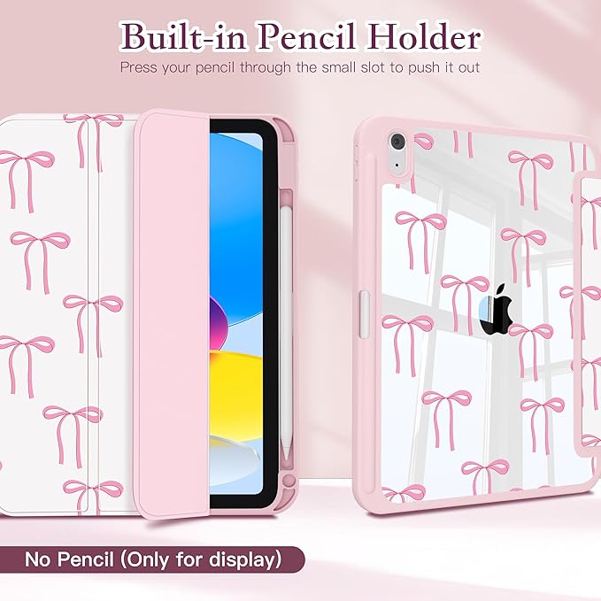CISSOOK Compatible with iPad 11 Inch 2025 (A16) Case /10.9 inch iPad 10th 2022 with Apple Pencil Slot Auto Wake/Sleep White Base with Pink Bow Shockproof Cover