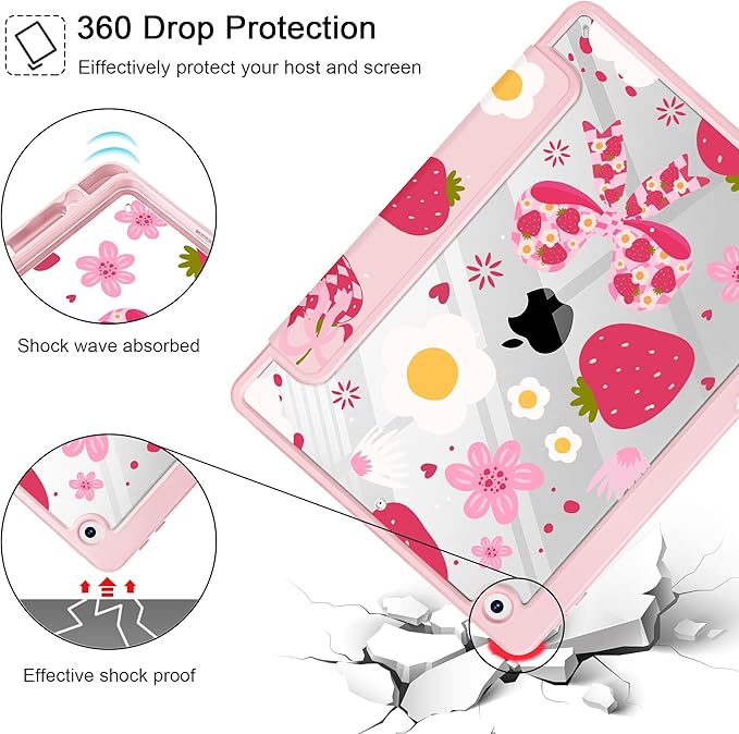 for iPad 9th Generation with Pencil Holder iPad 8th/7th Gen Case 10.2-inch [Built in Pencil Holder] Trifold Stand Auto Wake/Sleep Clear TPU Protection Back Cover Strawberry Bow