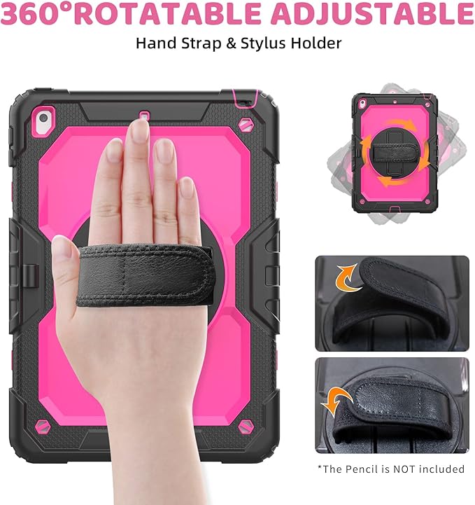 BLOSOMEET Case for iPad 9th Generation 2021 10.2 Inch with Tempered Glass Screen Protector &amp Pencil HolderProtective Kids iPad 7th/8th Gen Cover 2020 2019 w/Stand Hand Shoulder StrapRosered