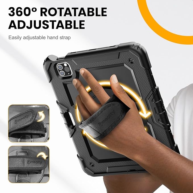 Timecity Case for iPad Pro 11 inch 1st 2nd 3rd 4th Generation 2018/2020/2021/2022 (NOT for 2024) Heavy Duty Rugged Protective Case with Screen ProtectorPencil HolderRotating Stand&ampHandle-Bla