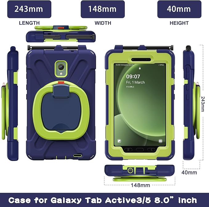 Rugged Case for Samsung Galaxy Tab Active5 5G (SM-X306B/X300) w/ 360° Rotating Hanging Ring Handle Grip Kickstand Heavy Duty Shock-Proof Armor Cover w/Shoulder Strap Stylus Holder(Navy+Lime)