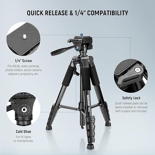 NEEWER BASICS Camera Tripod 71'' Tripod with Cell Phone Holder Mount Compatible with iPhone for Video Recording Professional Aluminum Lightweight Portable Travel Stand with 3 Way Pan Tilt Head TP55