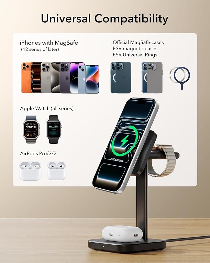 ESR for 3 in 1 Wireless Charging Station Certified Apple Watch Charger 15W MagSafe Charger Stand for iPhone Wireless Charger for Multiple Devices iPhone 17/16/15/14/13 Watch AirPods Black