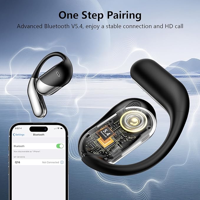 Open Ear Clip Wireless Earbuds Bone Conduction Headphones Bluetooth 5.4 Open Ear Design for Running FitnessofficeBuilt-in Mic IPX7 Waterproof LED Display Charging CaseEar Hooks Ear Buds