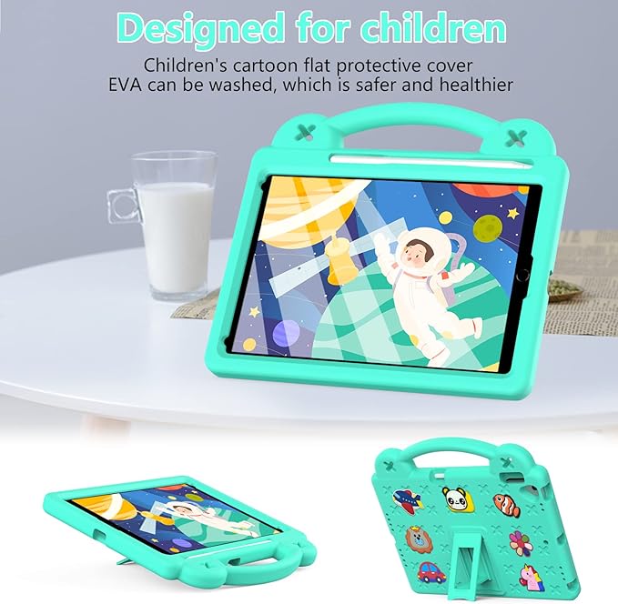 Dteck for iPad 9th/8th/7th Generation 10.2 Kids CaseCartoon Panda Shockproof Rugged Lightweight Convertible Handles Stand Kid Friendly Case with Pencil Holder for iPad 10.2 2021/2020/2019Mint Green