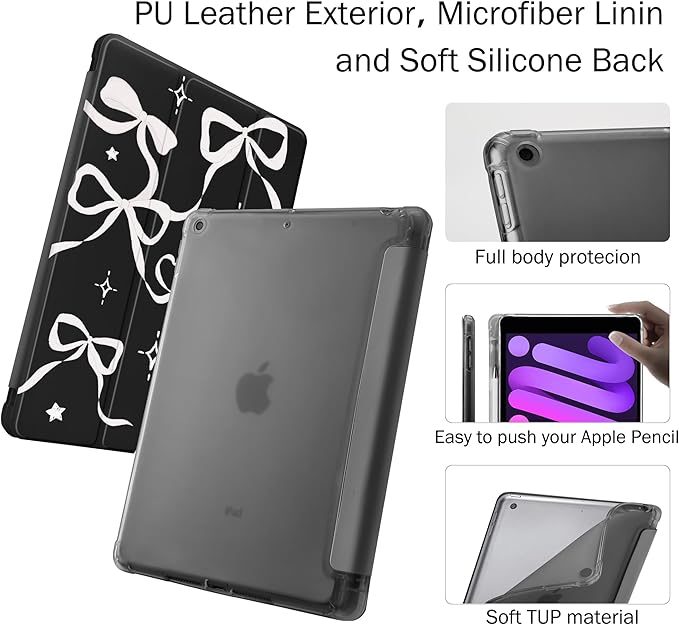 Idocolors Case for iPad 11 inch (A16 Chip) 2025 Generation 11th / iPad 10.9 inch 2022 10th Gen Built-in Pencil Holder with Soft TPU Shockproof Back Shell Auto Wake/Sleep White Ribbon Bow-Black