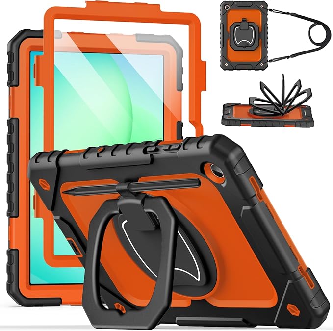 Cantis Case for Samsung Galaxy Tab A11 Plus 11 Inch 2026 (SM-X230/X236/X238) Shockproof Case for Tab A11+ with Screen Protector/Rotating Stand/Pen Holder/Shoulder Strap (Black+Orange)