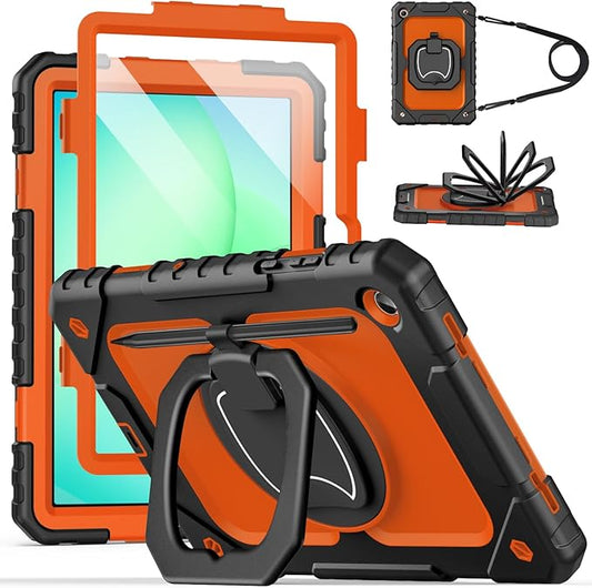 Cantis Case for Samsung Galaxy Tab A11 Plus 11 Inch 2026 (SM-X230/X236/X238) Shockproof Case for Tab A11+ with Screen Protector/Rotating Stand/Pen Holder/Shoulder Strap (Black+Orange)