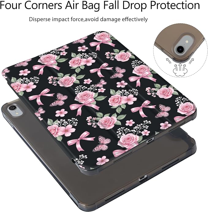 Spring Garden Butterfly Bow Case for iPad Air 13 Inch M3 2025/M2 2024[Pencil Holder+Auto Sleep/Wake]Slim Trifold Stand Protective Cover with Soft TPU BackBlack