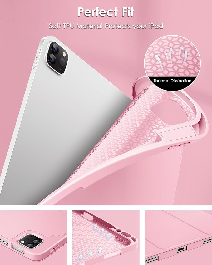 DTTO for iPad Air 13 Inch Case M4/M3/M2 2026/2025/2024 iPad Pro 12.9 Inch Case (6th/5th/4th/3rd Gen) Smart Slim Trifold Stand Soft Cover with Pencil Holder Pink