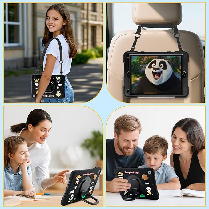 Case for iPad 9th/8th/7th Generation iPad 10.2 Inch 2021/2020/2019 Funny Cartoon Silicone 3D Panda Design Kids Case Heavy Duty Protection with Stand/Pencil Holder/Shoulder Strap