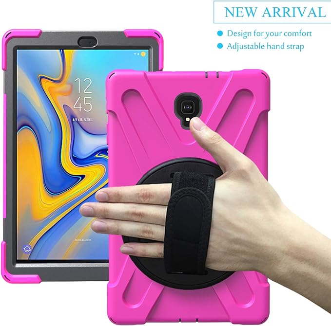 Rugged Case for Samsung Galaxy Tab A 10.5 2018 (SM-T590/T595/T597) Portable Hybrid Shock-Proof Cover with 360° Rotatable Hook&ampLoop HandleShoulder Strap (Rose)