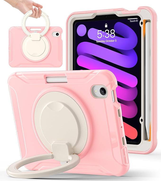 BATYUE Shockproof Case for iPad mini 7 (A17 Pro)/ Mini 6 8.3 inch (2024/2021) - 360° Multi-Angle Stand (Portrait &amp Landscape) &amp Grip Built-in Pencil Holder Pink