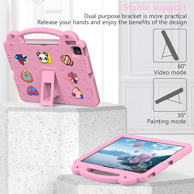 Kids Case for iPad Pro 11-Inch 2022/2021/2020/2018 (4th/3rd/2nd/1st Generation) &amp iPad Air 5th/4th Gen Case 2022/2020 10.9 with Kickstand/Handle/Pencil Holder Stand Girl Boy Cover Rose