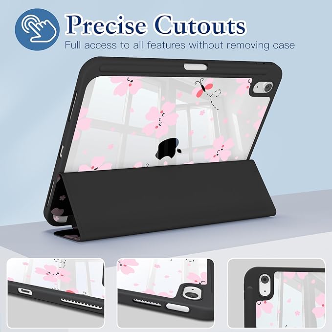 CISSOOK for iPad 11 inch (A16) 2025 11th Gen Case/iPad 10.9 inch 2022 10th Gen Built in Pencil Holder with Crystal Clear Back Cover with Auto Wake/Sleep Stand Function Cute Flower