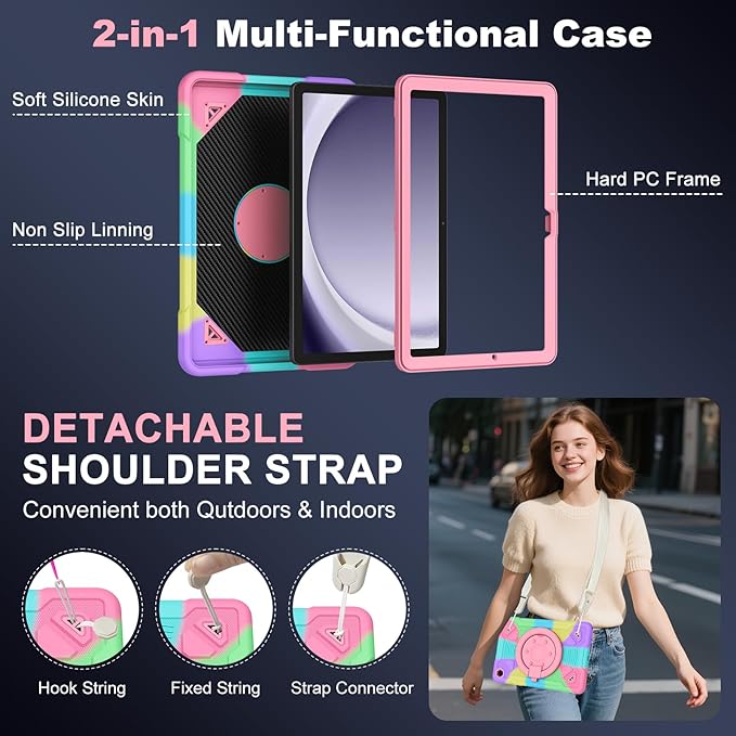 Case for Galaxy Tab A11+ / A9+ 11 inch 2026/2024 with 360° Rotate Handle Stand Carrying Shoulder Strap Pen Holder Shockproof Cover for Tab A11 Plus/A9 Plus Tablet Case Kids Girls Colorful