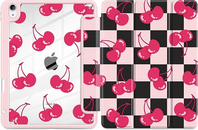 DONGKE Case for iPad Air 11-inch M4 2026 &amp M3 2025 &amp M2 2024 iPad Air 5th/4th Generation 10.9 2022/2020 [Built-in Pencil Holder] Clear Acrylic Back Trifold Stand Smart Cover Cherry Checker