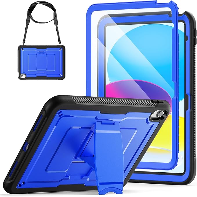 SEYMAC stock Case for iPad (A16) 11th/10th Generation 11''/10.9'' 2025/2022 with Built-in Screen Protector Shoulder Strap Built-in Kickstand Rugged Full Body Shockproof Protective Case Blue
