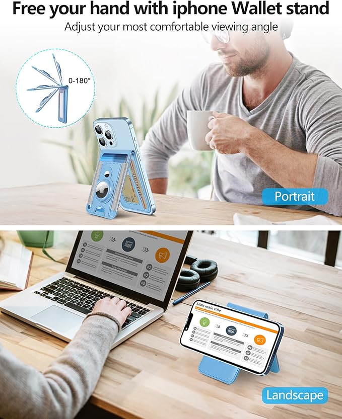 ExtreLife for Magsafe Wallet with Airtag Holder Magnetic Wallet for iPhone 16/15/14/13/12 Series 9-Card Holder Open ID Window Adjustable Stand RFID Blocking Light Sky Blue