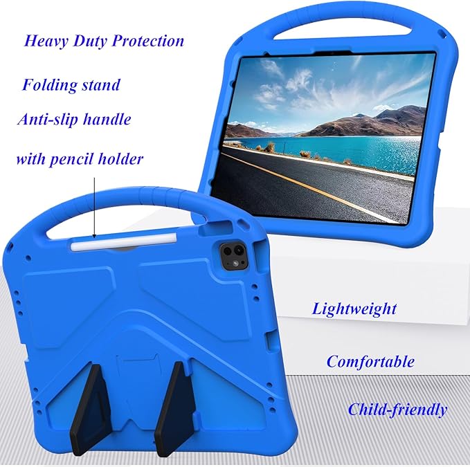 for iPad Pro 12.9 inch Kids Case 6th/5th/4th/3rd Generation (2022/2021/2020/2018) with Kickstand/Pencil Holder/Handle Stand Lightweight Soft EVA Shockproof Heavy Duty Protective Cover Blue