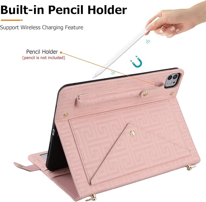 Dteck for iPad Air 13 2024 &amp iPad Pro 12.9 CaseLabyrinth Pattern PU Leather Kickstand Case with Pencil Holder Shoulder Hand Strap Card Pocket Shockproof Protective Magnetic Wallet CasePink