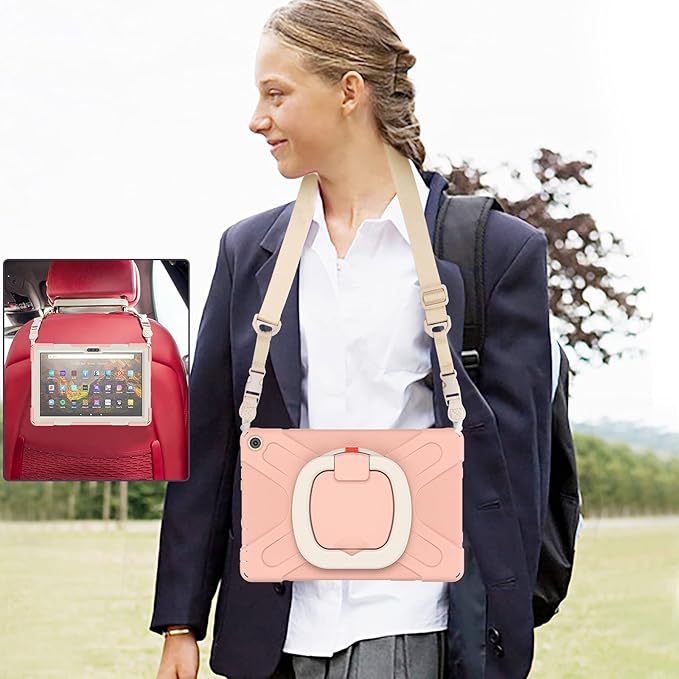 All-New Fire HD 10 &amp Fire HD 10 Kids Pro Tablet Case (13th Gen 2023 Release)Heavy Sturdy Shockproof Kids CaseRotating Stand/Carrying Strap (Pink)