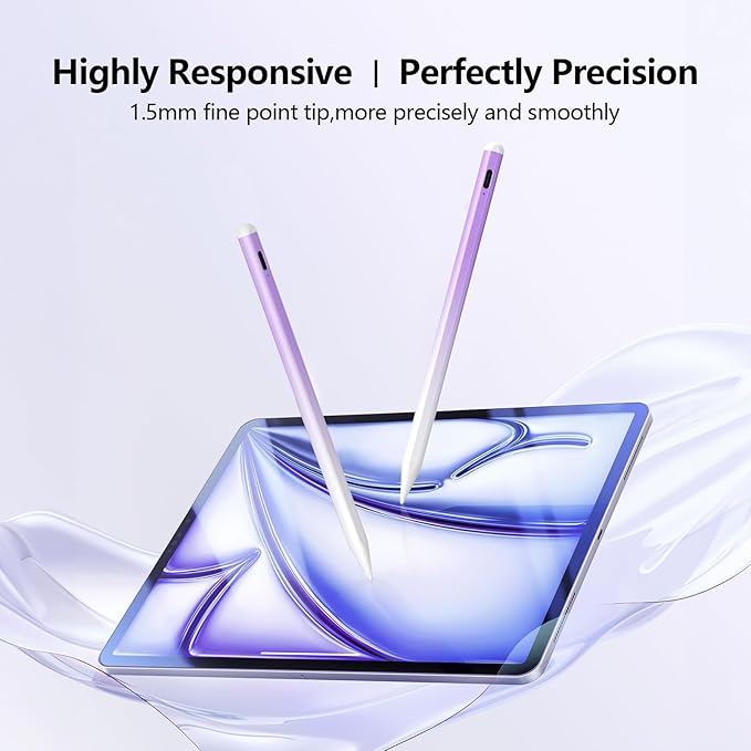 Stylus Pen for iPad 6th-11th Generation-2X Fast Charge Active Pencil Compatible with 2018-2025 Apple iPad Pro 11/12.9/M4 iPad Air 3/4/5/M2/M3iPad mini 5/6 Gen-Gradient White Purple