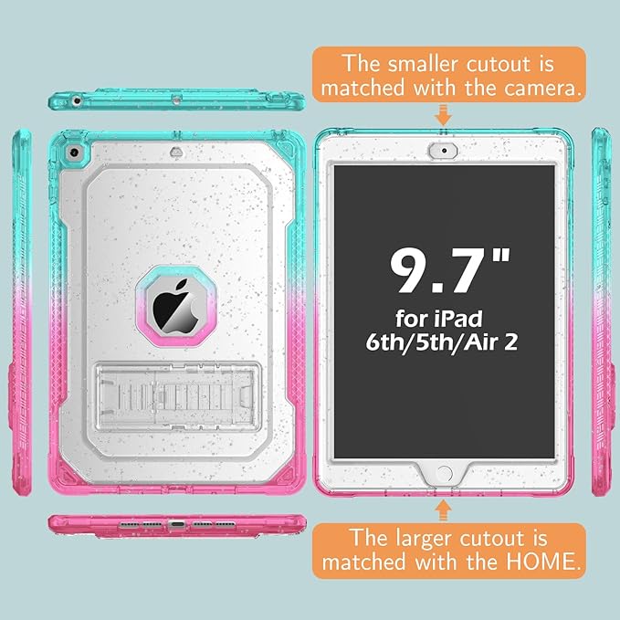 Case for iPad Air 2 Case for iPad 6th/5th Generation 2018/2017 for Apple iPad 9.7 inch with Screen Protector/StandClear Glitter Full-Body Coverage Slim Cover for Girls Women (Pink+Teal)