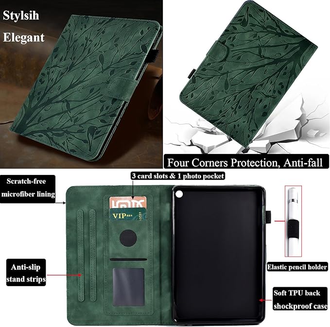 for Amazon Kindle Fire HD 8 &amp Fire HD 8 Plus Case (12th/10th Generation 2024/2022/2020) 8 UUcovers Embossed Magneic Smart Cover with Stand/Pencil Holder [Auto Sleep/Wake] Green Lucky Tree