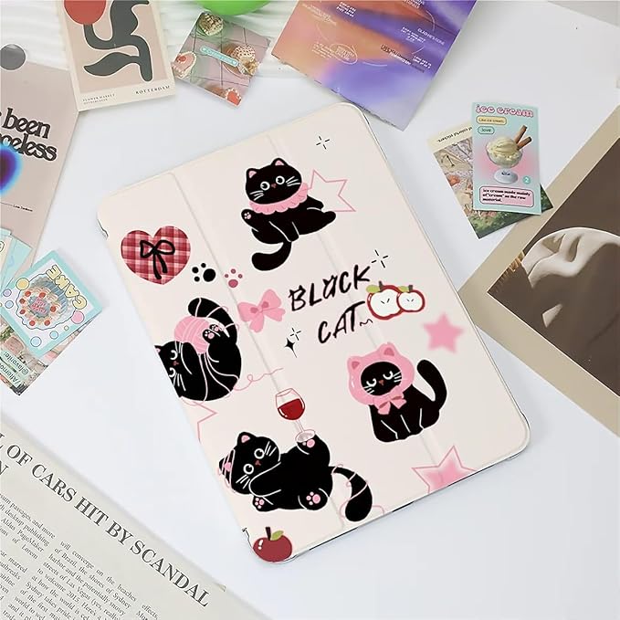 Cute Black Cats Pink Plaid Bows Case Compatible with iPad 9th 8th 7th Generation 10.9 Inch 2021/2019/2018Funny Cover with Trifold Stand + Pencil Holder for Boys GirlsiPad 10.9in 2022
