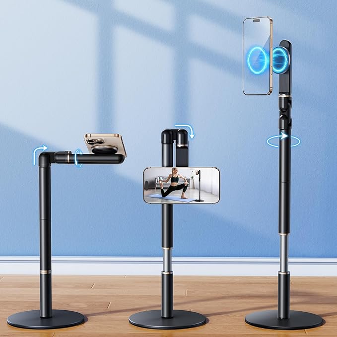Angle Height Adjustable Magnetic Phone Stand for Desk [10-25] - Retractable Cell Phone Holder for Video Recording Cooking Excising Working -Aluminum iPhone 17 16 15 14 Pro Max Air Stand