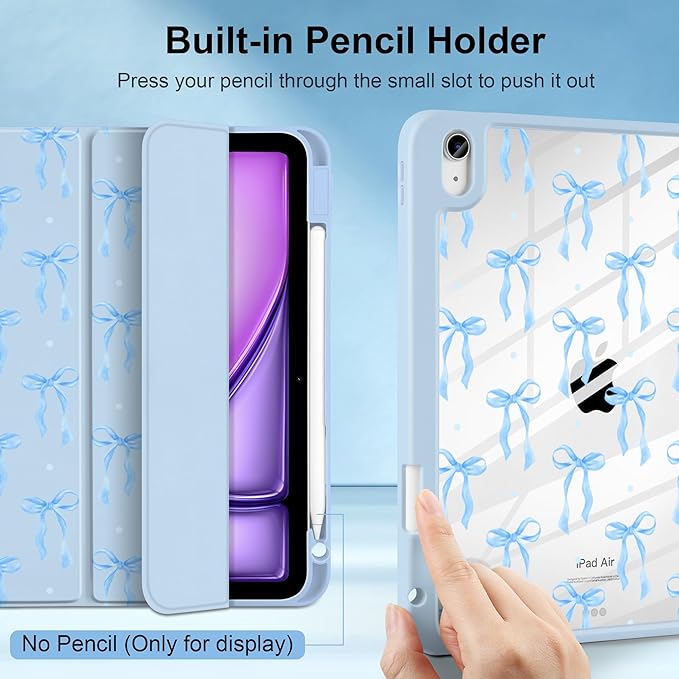 MecBevia Case for iPad Air 11-inch M4 2026 / M3 2025 / M2 2024 Slim Protective Cover with Built-in Pencil Holder Auto Wake/Sleep Blue Ribbon Coquette