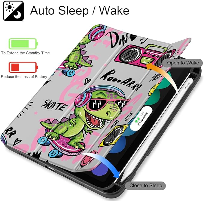 Mektron Printed Case for iPad mini 7 (A17 Pro) 2024/ Mini 6 2021 iPad mini 7th/6th Generation 8.3-inch Liquid Retina Display Cover Buit in Pencil Holder with Clear Back Shell Cool Dinosaur