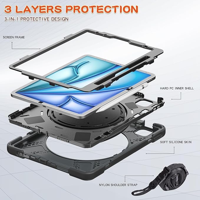 Batianda Case for iPad Air 11 inch 2025 2024 M3/M2 Chip Heavy Duty Rugged Durability Silicone Tablet Cover with 360° Rotating Ring Foldable Kickstand &amp Shoulder Strap Black