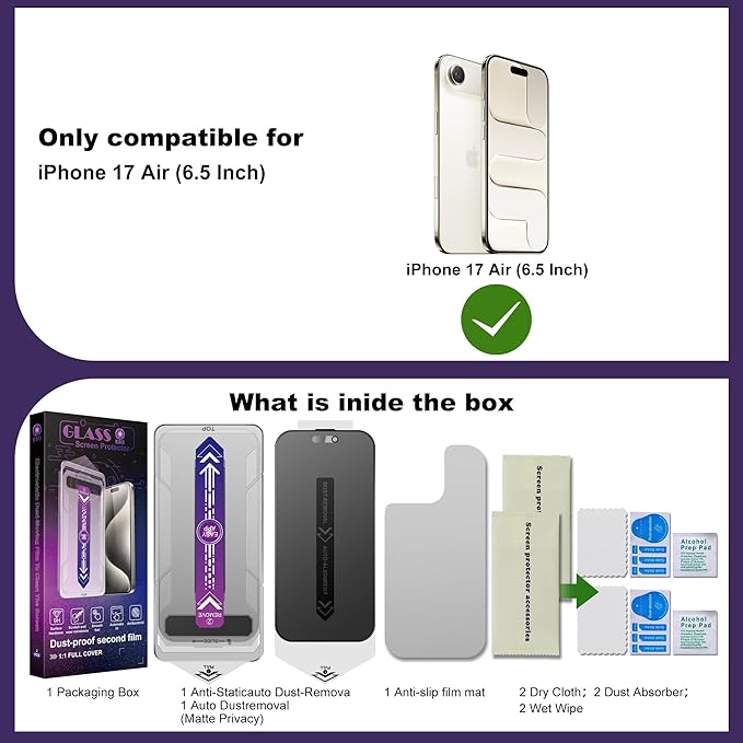 2 Pack Matte Privacy Screen Protector for iPhone Air 6.5 9H+ Hardness Anti-Spy Anti-Glare Tempered Glass Smooth Responsive Touch &amp Scratch Resistant Bubble-Free Easy Installation