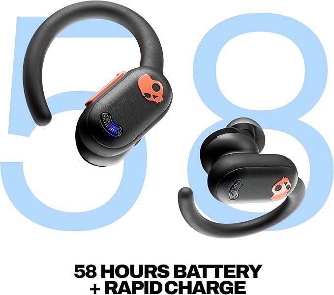 Skullcandy Push ANC Active Wireless Earbuds Bluetooth Headphones Noise Cancelling 58 Hours Battery Secure-Fit Over-Ear Hanger Sweat and Waterproof Microphone for iPhone Android - Black/Orange
