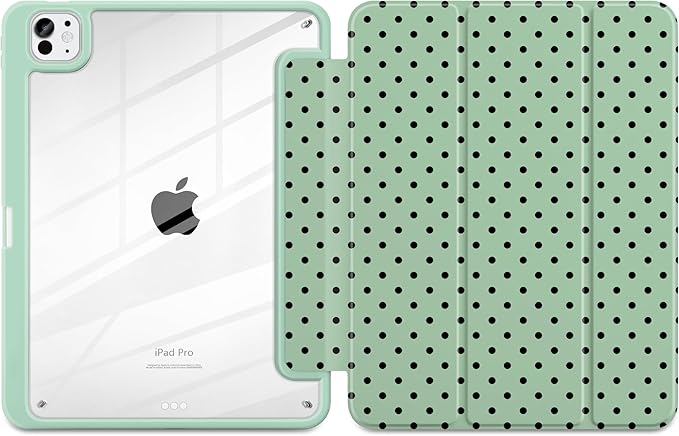 Case for iPad Pro 11 Inch (M5 2025 M4 2024) – [Built-in Pencil Holder] Shockproof &amp Stylish Clear Hard Back + Soft TPU Edge Magnetic Trifold Stand Auto Wake/Sleep Green Polka dot
