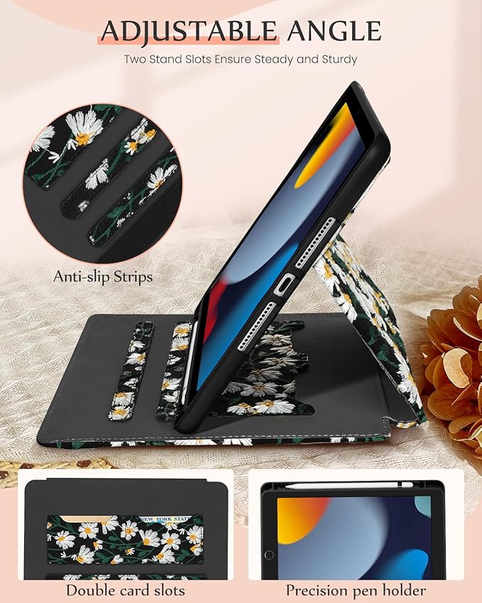 for iPad 9th/8th/7th Generation Case 10.2'' - Women Girls Cute Embroidered Folio Stand Cover with Pencil Holder &amp Card Slot Girly Black Daisy Floral Design Aesthetic Cases for iPad 7th/8th/9th
