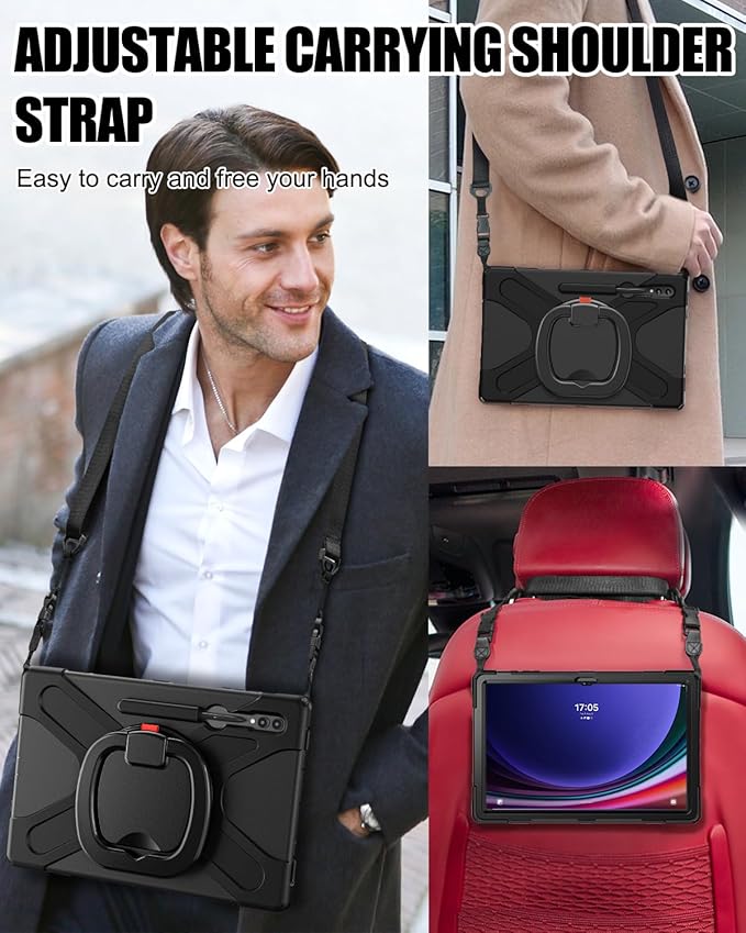 BRAECN Case for Samsung Galaxy Tab S10 Ultra/S9 Ultra/S8 Ultra 14.6” 2024/2023/2022 SM-X920/X926B/X910/X900 Heavy Duty Silicone Cover with S Pen Holder Handle Strip Kickstand Shoulder Strap Black