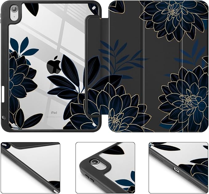 Case for iPad 11 inch A16 2025 Generation 11th / iPad 10.9 inch 2022 10th Gen Buit in Pencil Holder with Shockproof Cover Clear Transparent Back Shell Auto Wake/Sleep Flower Dahlia