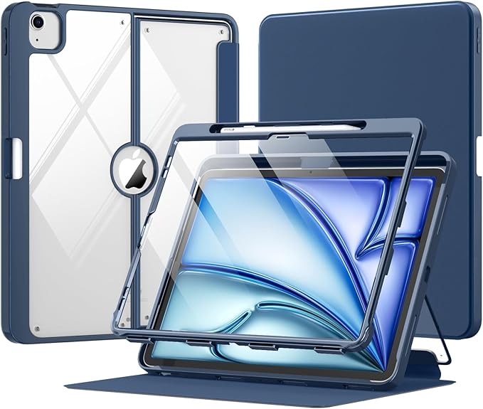 MoKo for iPad Air 13-Inch Case (M4/M3/M2) 2026/2025/2024 with Pencil Holder Heavy Duty 13 Inch iPad Air Case with Screen Protector Clear Back Lens Protector Multi-Angle Magnetic Stand Navy Blue