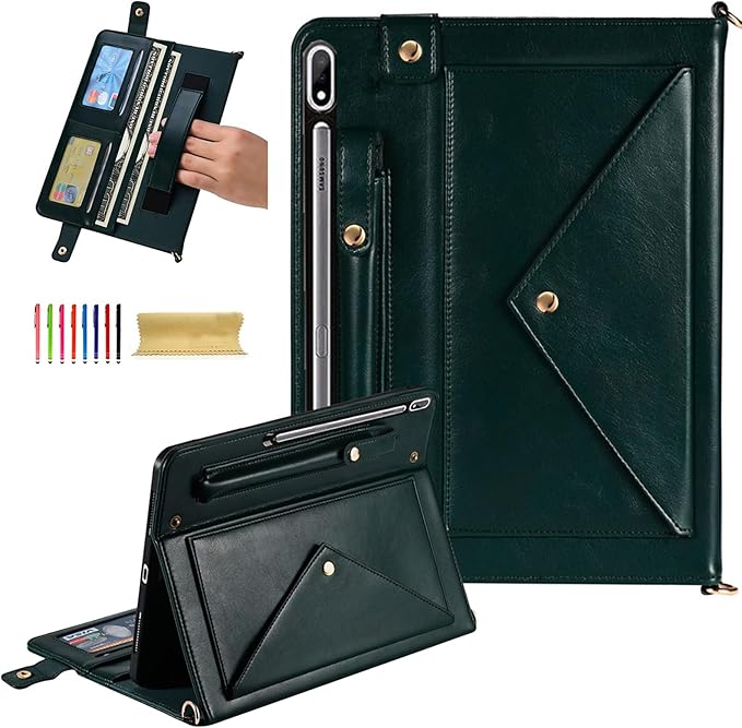 Dteck Case for Galaxy Tab S10 Plus/S9 Plus/S8 Plus+/S7 FE/S7 Plus 12.4 inchPU Leather Fold Business Stand Protective Cover with Pen Holder Card Slots Shoulder Hand Strap Handbag Wallet CaseDarkgreen