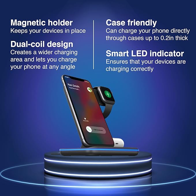 Fast Wireless Charger Station for iPhone Airpods and Apple Watch (Black)