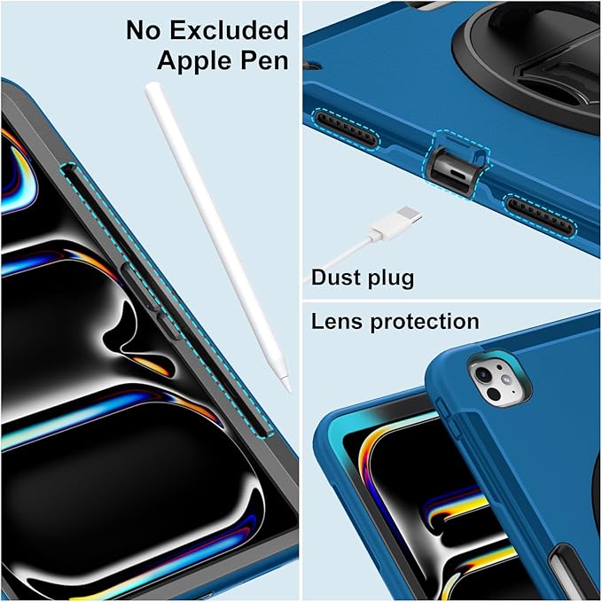 Miesherk Case for iPad Pro 13 Inch Military Grade Heavy Duty Shockproof iPad 13 Case (2024 7th Generation) - Screen Protector Rotating Stand Pencil Holder Hand/Shoulder Strap Blue