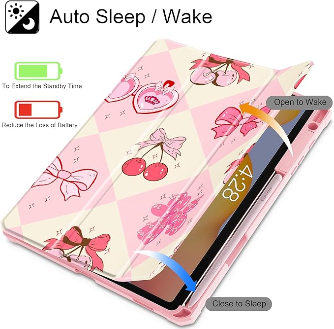 Mektron Case for Samsung Galaxy Tab S6 Lite 10.4 Inch 2024/2022/2020 with S Pen Holder Multi-Angle Viewing with Shockproof Cover Clear Shell + Trifold Stand + Auto Wake/Sleep Cherry with Bows